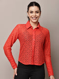 Begumpan Lace Full-Sleeve Sheer Shirt - Red