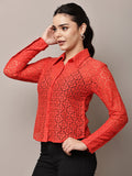 Begumpan Lace Full-Sleeve Sheer Shirt - Red