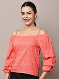 Begumpan Coral Pink Self-Design Off-Shoulder Top - Coral