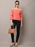 Begumpan Coral Pink Self-Design Off-Shoulder Top - Coral