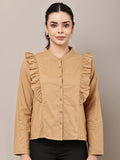 Begumpan Solid Cotton Ruffle Detail Shirt - Camel