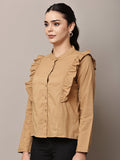 Begumpan Solid Cotton Ruffle Detail Shirt - Camel