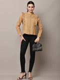 Begumpan Solid Cotton Ruffle Detail Shirt - Camel