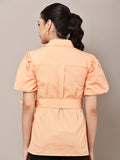 Begumpan Peach Cotton Puff Sleeve Shirt Top with Waist Tie-Up - Coral