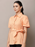 Begumpan Peach Cotton Puff Sleeve Shirt Top with Waist Tie-Up - Coral