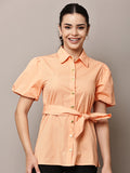 Begumpan Peach Cotton Puff Sleeve Shirt Top with Waist Tie-Up - Coral