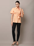 Begumpan Peach Cotton Puff Sleeve Shirt Top with Waist Tie-Up - Coral