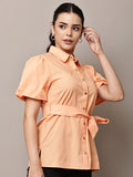 Begumpan Peach Cotton Puff Sleeve Shirt Top with Waist Tie-Up - Coral