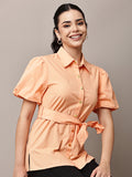 Begumpan Peach Cotton Puff Sleeve Shirt Top with Waist Tie-Up - Coral