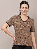 Begumpan Brown & Black Floral Printed V-Neck Top - Brown & Black