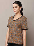 Begumpan Brown & Black Floral Printed V-Neck Top - Brown & Black