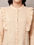 Begumpan Solid Cotton Ruffle Detail Shirt - Cream