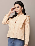 Begumpan Solid Cotton Ruffle Detail Shirt - Cream