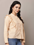 Begumpan Solid Cotton Ruffle Detail Shirt - Cream