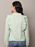 Begumpan Solid Cotton Ruffle Detail Shirt - Light Green