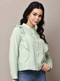 Begumpan Solid Cotton Ruffle Detail Shirt - Light Green
