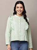 Begumpan Solid Cotton Ruffle Detail Shirt - Light Green