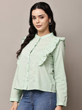 Begumpan Solid Cotton Ruffle Detail Shirt - Light Green