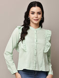 Begumpan Solid Cotton Ruffle Detail Shirt - Light Green