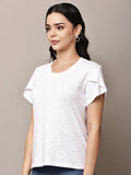 Begumpan Textured Cotton Round Neck Short Sleeves Top - White