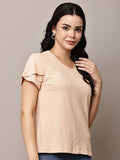 Begumpan Textured Cotton Round Neck Short Sleeves Top - Peach