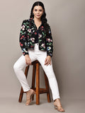 Begumpan Floral Printed Cropped Denim Jacket - Black