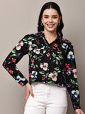 Begumpan Floral Printed Cropped Denim Jacket - Black