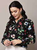Begumpan Floral Printed Cropped Denim Jacket - Black