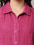 Begumpan Textured Cotton Round Neck Short Sleeves Shirt - Fuchsia Pink