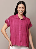 Begumpan Textured Cotton Round Neck Short Sleeves Shirt - Fuchsia Pink