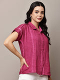 Begumpan Textured Cotton Round Neck Short Sleeves Shirt - Fuchsia Pink