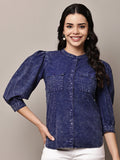 Begumpan Washed Mandarin Collar Shirt - Navy