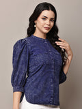 Begumpan Washed Mandarin Collar Shirt - Navy