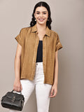 Begumpan Textured Cotton Round Neck Short Sleeves Shirt - Brown