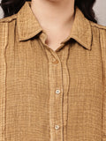 Begumpan Textured Cotton Round Neck Short Sleeves Shirt - Brown