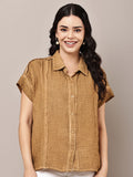 Begumpan Textured Cotton Round Neck Short Sleeves Shirt - Brown