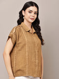Begumpan Textured Cotton Round Neck Short Sleeves Shirt - Brown