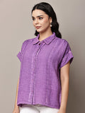 Begumpan Textured Cotton Round Neck Short Sleeves Shirt - Purple