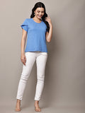 Begumpan Textured Cotton Round Neck Short Sleeves Top - Blue