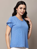 Begumpan Textured Cotton Round Neck Short Sleeves Top - Blue