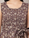 Begumpan Brown Floral Sleeveless Tunic with Waist Tie-Up - Brown