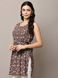 Begumpan Brown Floral Sleeveless Tunic with Waist Tie-Up - Brown