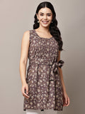 Begumpan Brown Floral Sleeveless Tunic with Waist Tie-Up - Brown