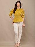 Begumpan Solid Cotton Smoking Waist Shirt - Musturd