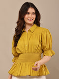 Begumpan Solid Cotton Smoking Waist Shirt - Musturd
