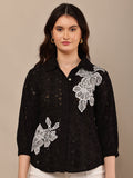 Begumpan Flower Emboridery Shirt with Beading Detail. - Black