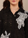 Begumpan Flower Emboridery Shirt with Beading Detail. - Black