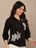 Begumpan Flower Emboridery Shirt with Beading Detail. - Black