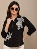 Begumpan Flower Emboridery Shirt with Beading Detail. - Black