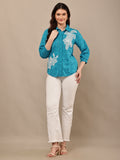 Begumpan Flower Emboridery Shirt with Beading Detail. - Turquoise